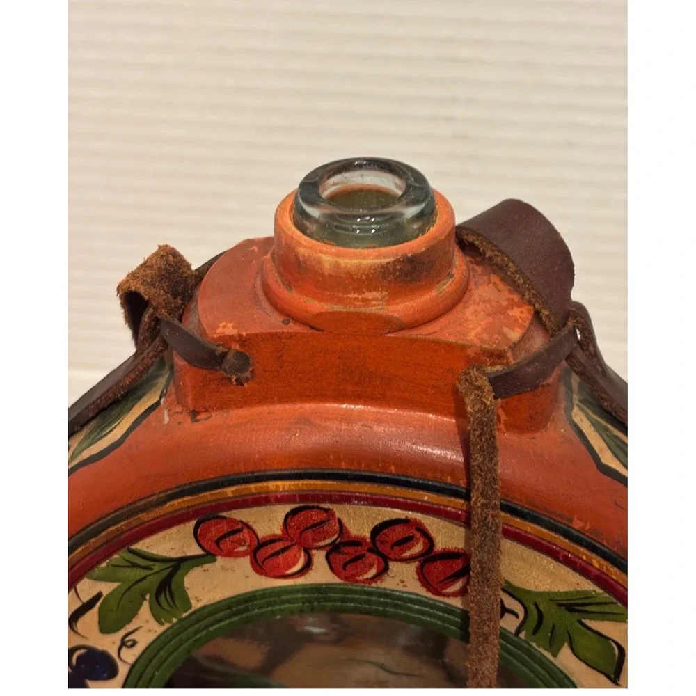 Vintage Hand Painted Wooden Canteen Glass Window Folk Art Berry Leather Strap